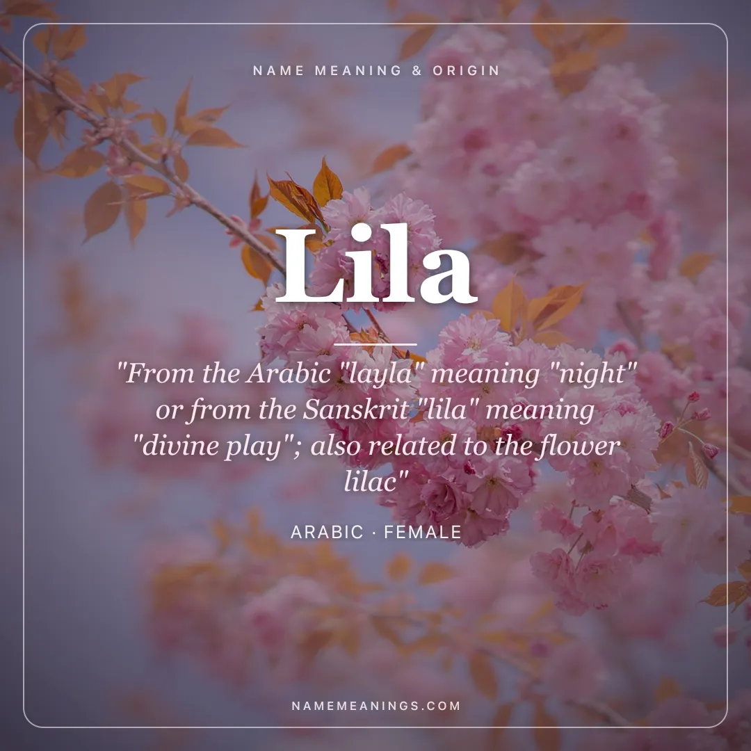 Lila name meaning "From the Arabic "layla" meaning "night" or from the Sanskrit "lila" meaning "divine play"; also related to the flower lilac" - Arabic female name share card | NameMeanings