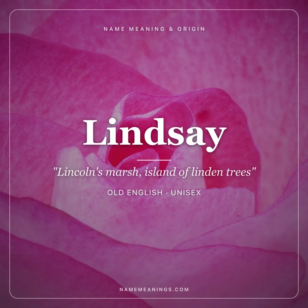 Lindsay name meaning "Lincoln's marsh, island of linden trees" - Old English, Scottish unisex name share card | NameMeanings