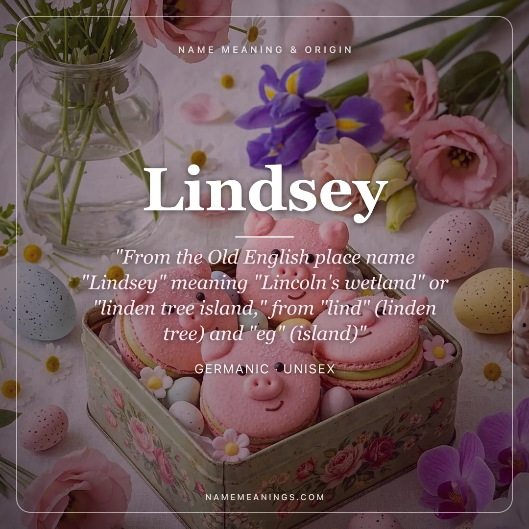 Lindsey name meaning "From the Old English place name "Lindsey" meaning "Lincoln's wetland" or "linden tree island," from "lind" (linden tree) and "eg" (island)" - Germanic unisex name share card | NameMeanings
