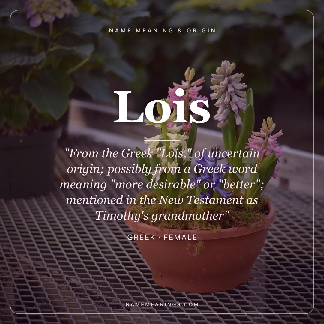 Lois name meaning "From the Greek "Lois," of uncertain origin; possibly from a Greek word meaning "more desirable" or "better"; mentioned in the New Testament as Timothy's grandmother" - Greek female name share card | NameMeanings