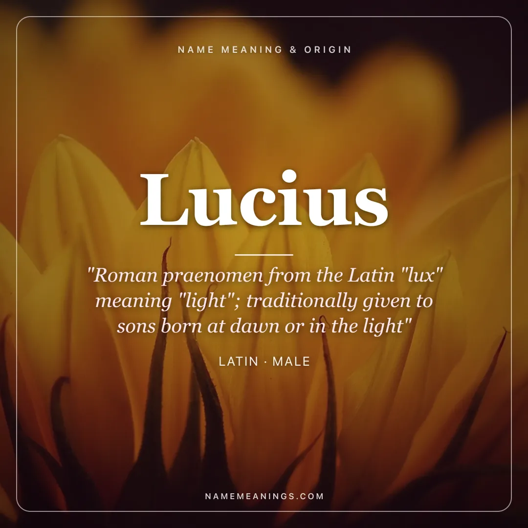 Lucius name meaning "Roman praenomen from the Latin "lux" meaning "light"; traditionally given to sons born at dawn or in the light" - Latin male name share card | NameMeanings