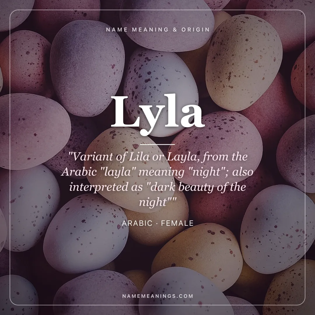 Lyla name meaning "Variant of Lila or Layla, from the Arabic "layla" meaning "night"; also interpreted as "dark beauty of the night"" - Arabic female name share card | NameMeanings
