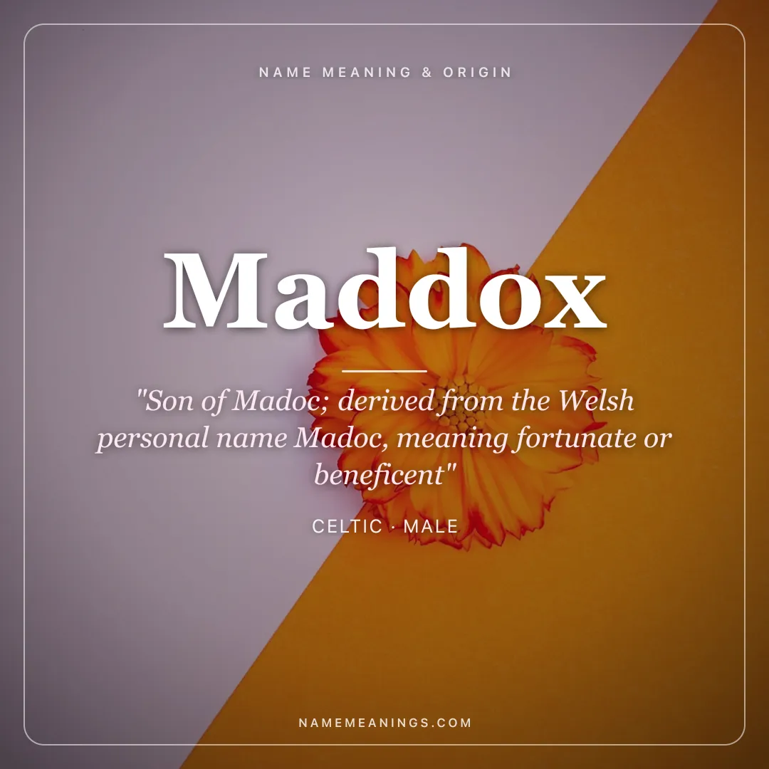 Maddox name meaning "Son of Madoc; derived from the Welsh personal name Madoc, meaning fortunate or beneficent" - Celtic male name share card | NameMeanings