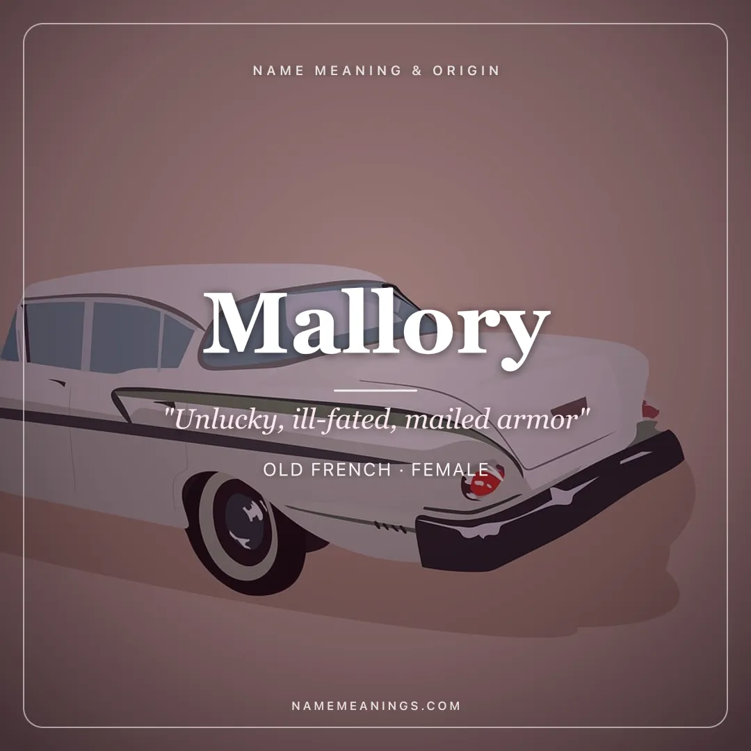 Mallory name meaning "Unlucky, ill-fated, mailed armor" - Old French female name share card | NameMeanings
