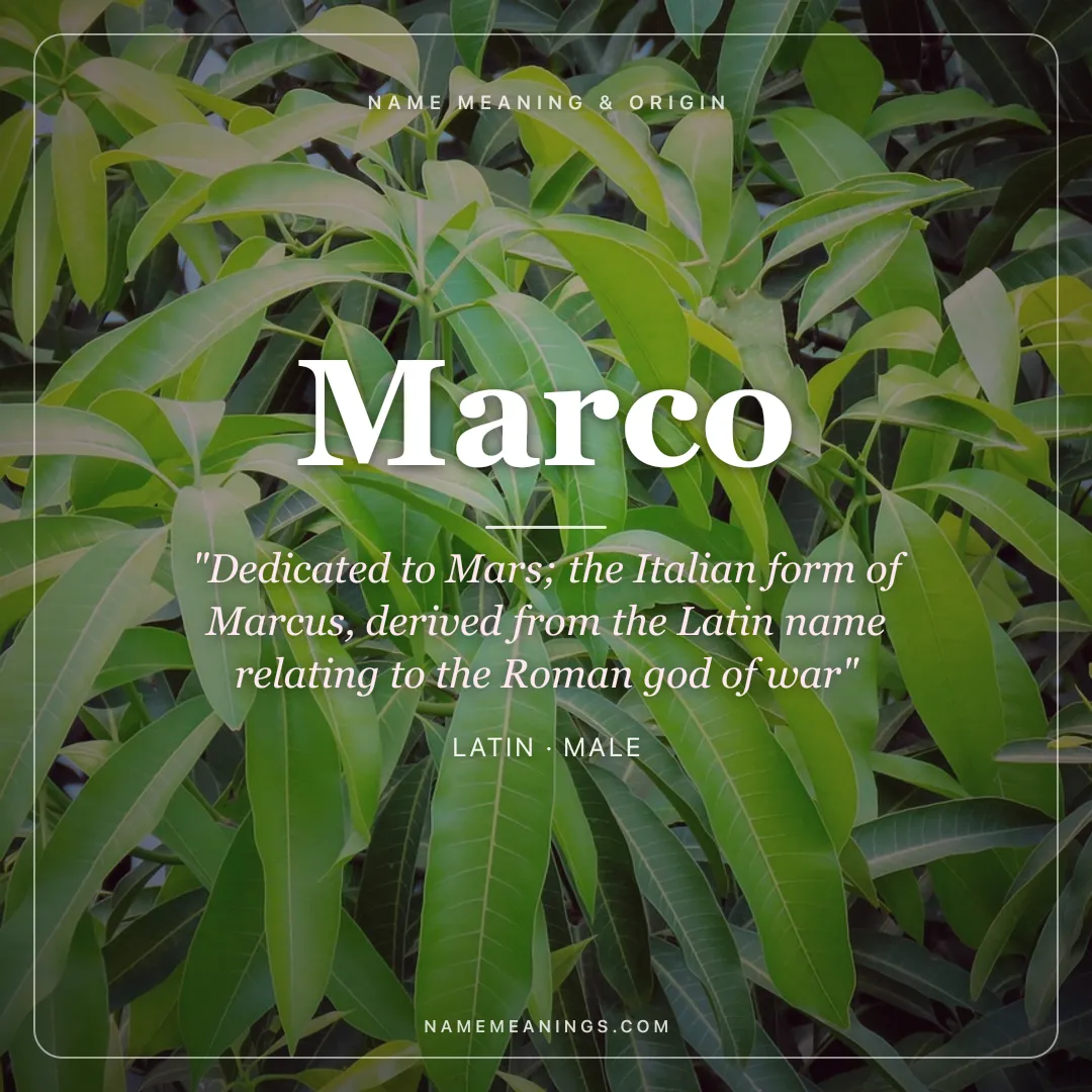 Marco name meaning "Dedicated to Mars; the Italian form of Marcus, derived from the Latin name relating to the Roman god of war" - Latin male name share card | NameMeanings