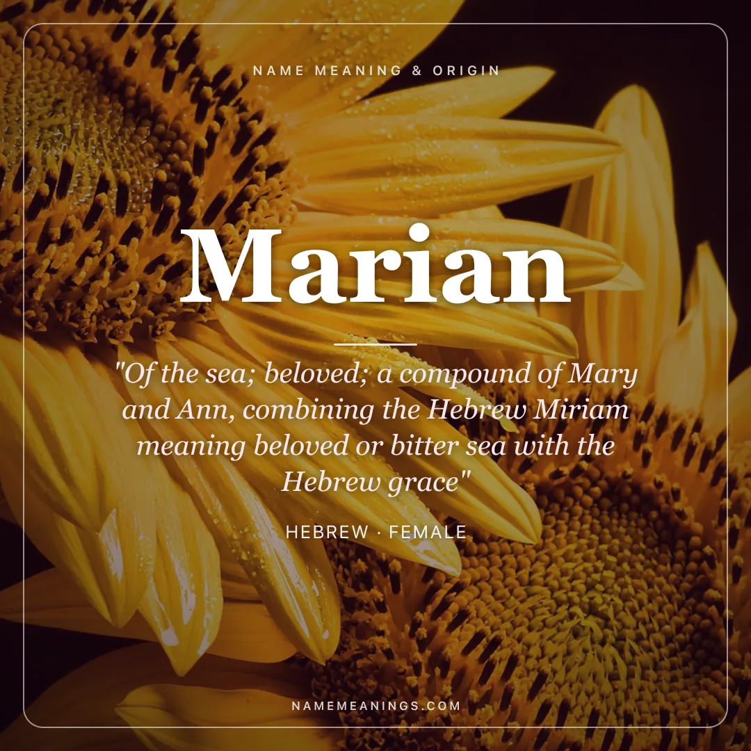 Marian name meaning "Of the sea; beloved; a compound of Mary and Ann, combining the Hebrew Miriam meaning beloved or bitter sea with the Hebrew grace" - Hebrew female name share card | NameMeanings