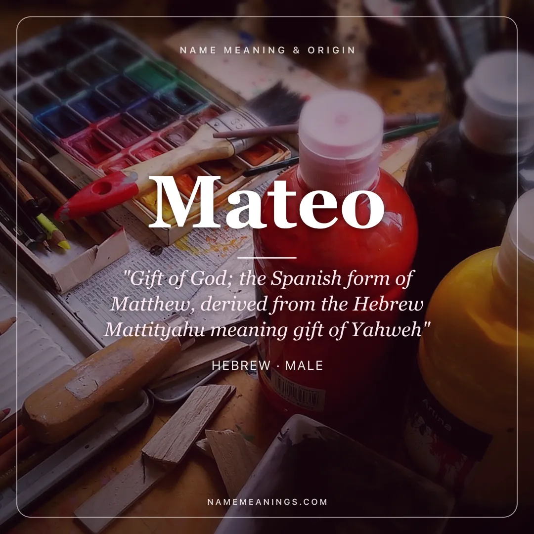 Mateo name meaning "Gift of God; the Spanish form of Matthew, derived from the Hebrew Mattityahu meaning gift of Yahweh" - Hebrew male name share card | NameMeanings