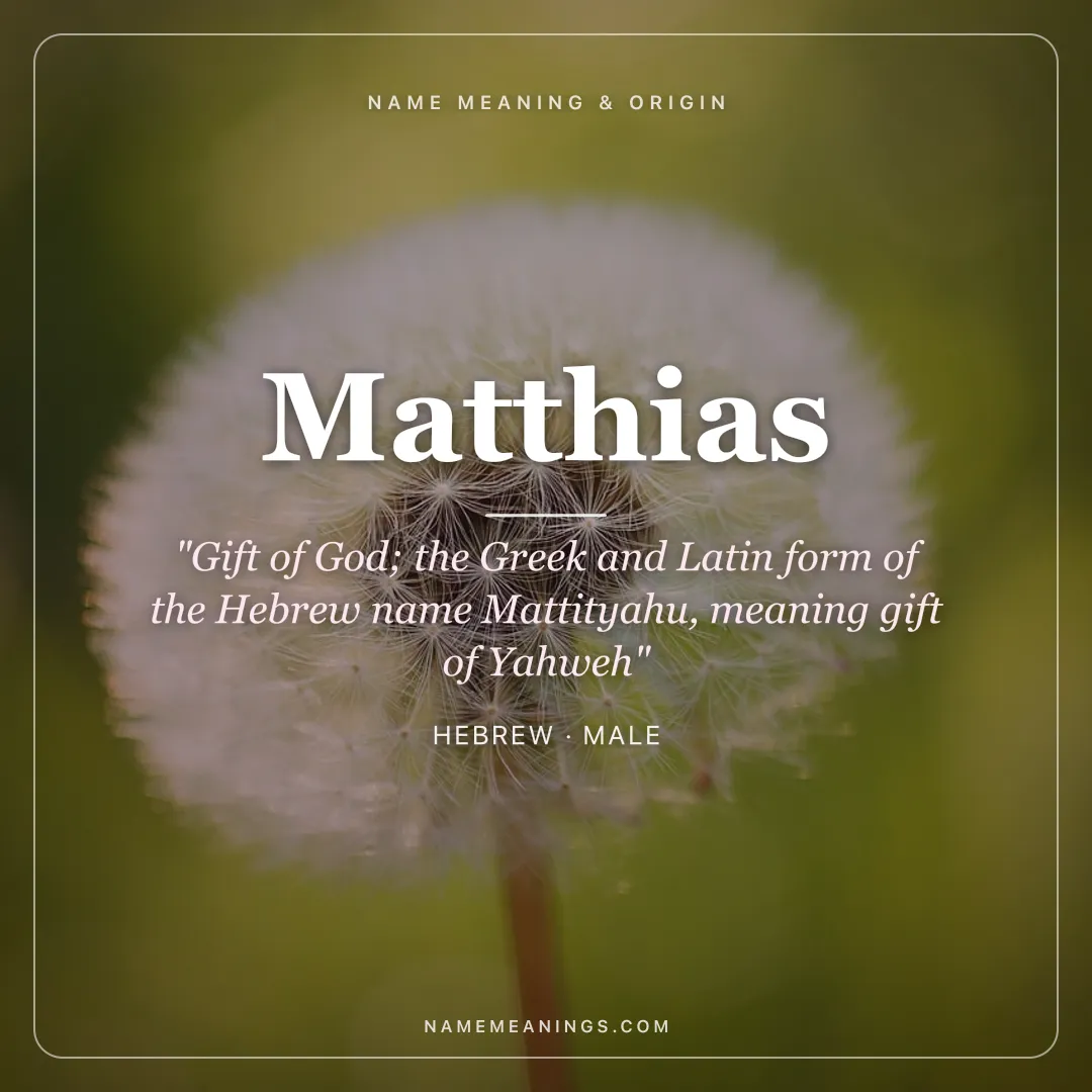 Matthias name meaning "Gift of God; the Greek and Latin form of the Hebrew name Mattityahu, meaning gift of Yahweh" - Hebrew male name share card | NameMeanings