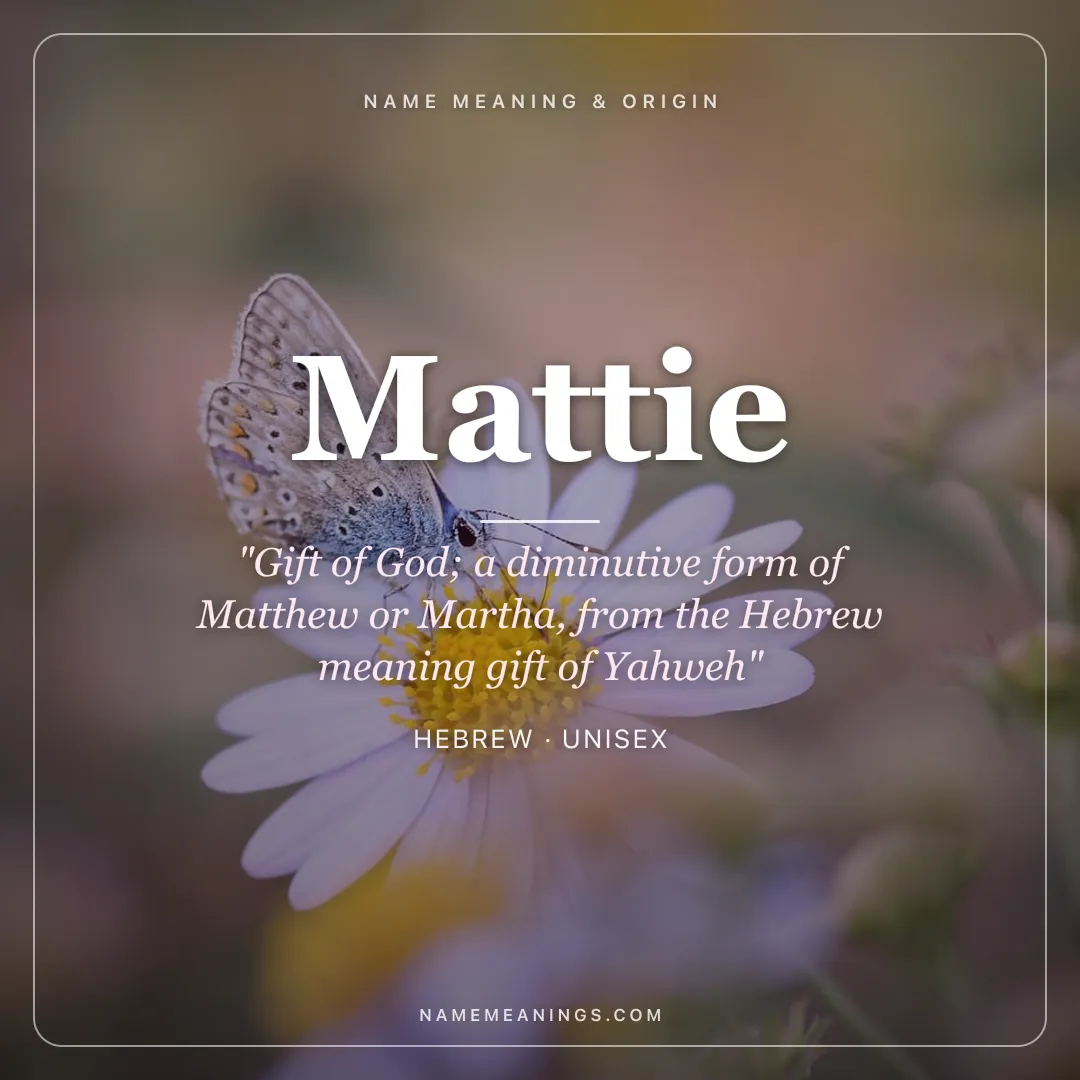 Mattie name meaning "Gift of God; a diminutive form of Matthew or Martha, from the Hebrew meaning gift of Yahweh" - Hebrew unisex name share card | NameMeanings