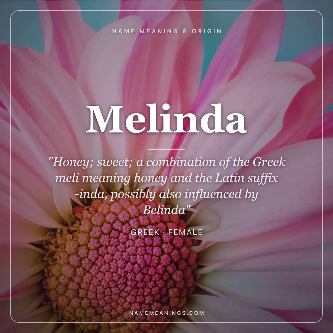 Melinda name meaning "Honey; sweet; a combination of the Greek meli meaning honey and the Latin suffix -inda, possibly also influenced by Belinda" - Greek female name share card | NameMeanings