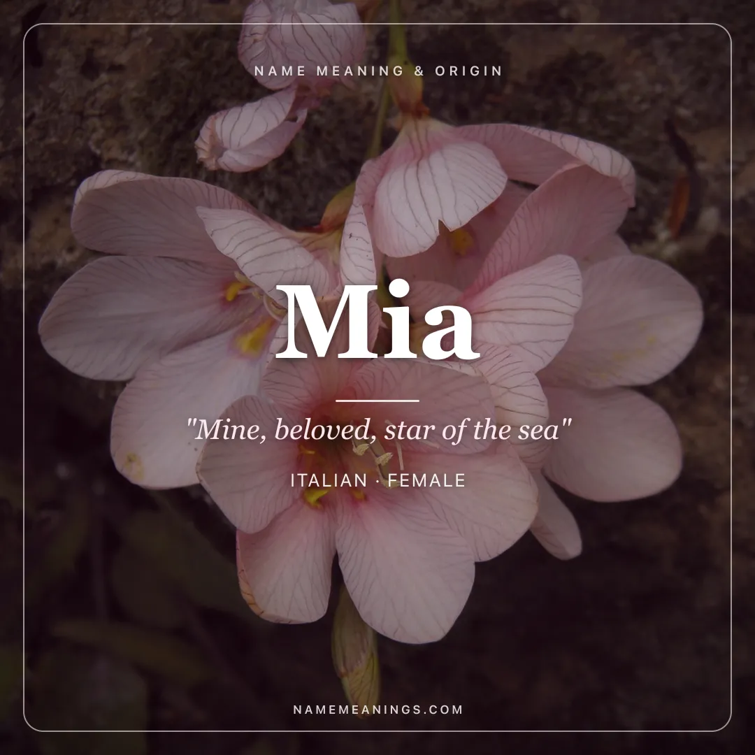 Mia name meaning "Mine, beloved, star of the sea" - Italian, Scandinavian, Hebrew female name share card | NameMeanings