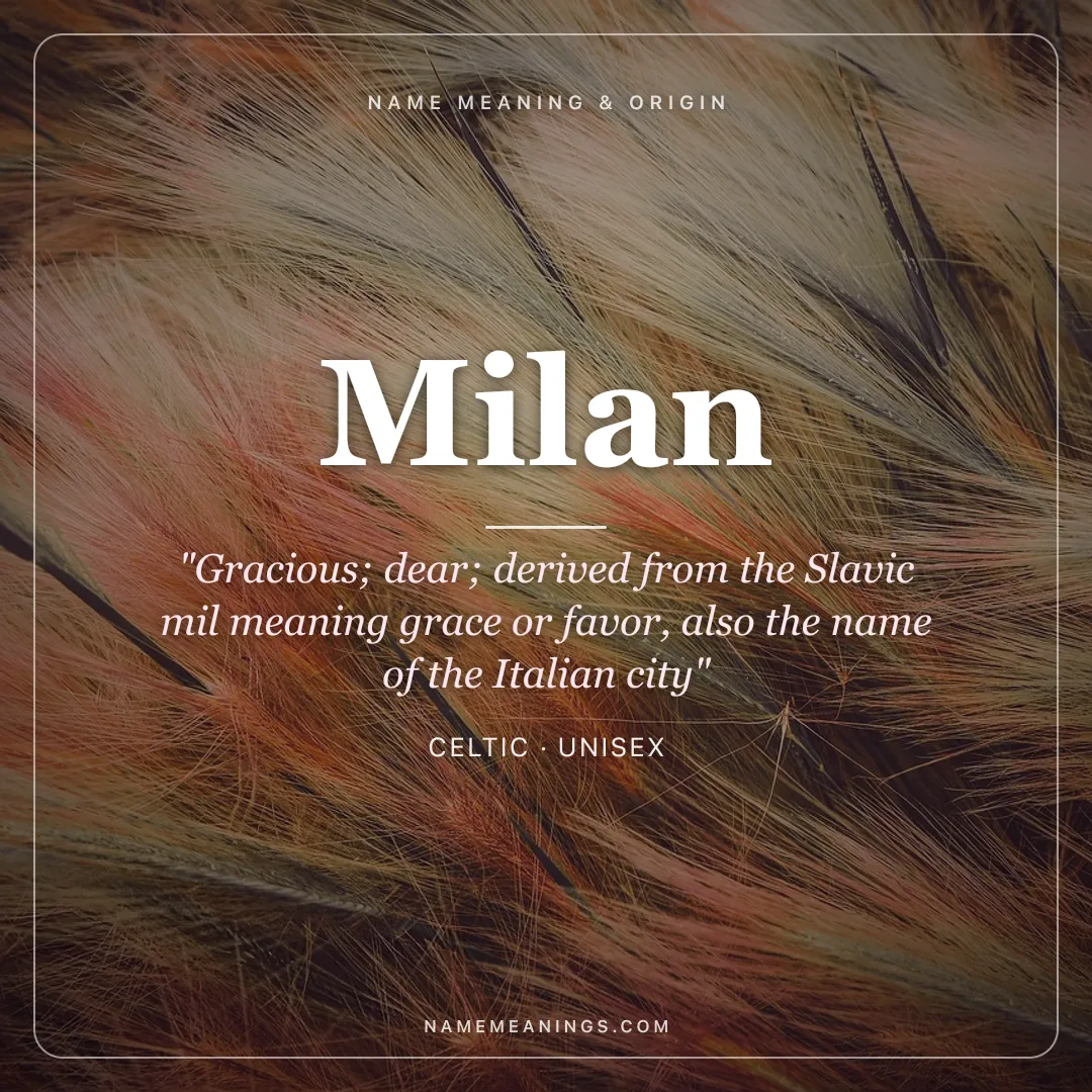 Milan name meaning "Gracious; dear; derived from the Slavic mil meaning grace or favor, also the name of the Italian city" - Celtic unisex name share card | NameMeanings