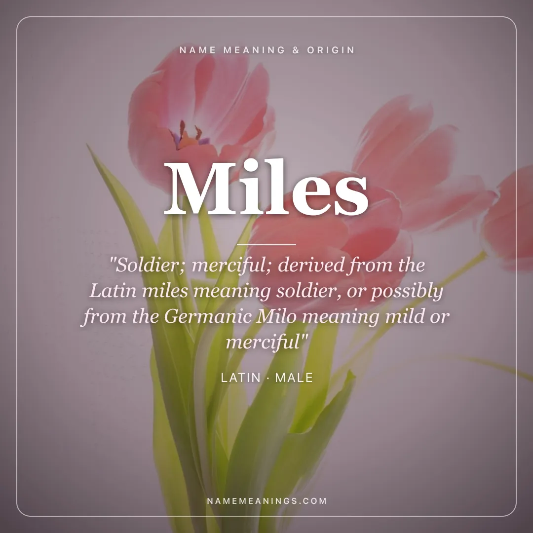 Miles name meaning "Soldier; merciful; derived from the Latin miles meaning soldier, or possibly from the Germanic Milo meaning mild or merciful" - Latin male name share card | NameMeanings