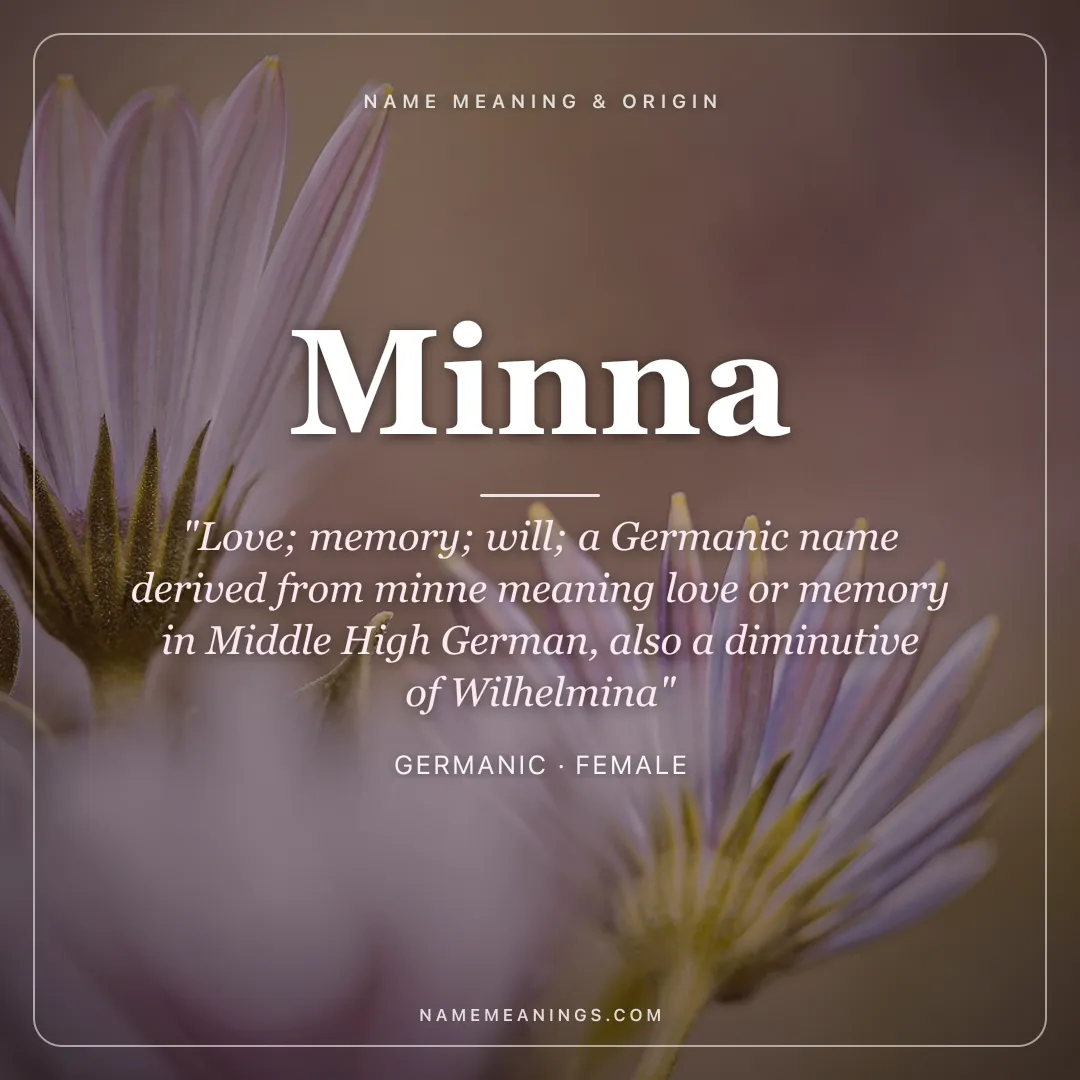 Minna name meaning "Love; memory; will; a Germanic name derived from minne meaning love or memory in Middle High German, also a diminutive of Wilhelmina" - Germanic female name share card | NameMeanings