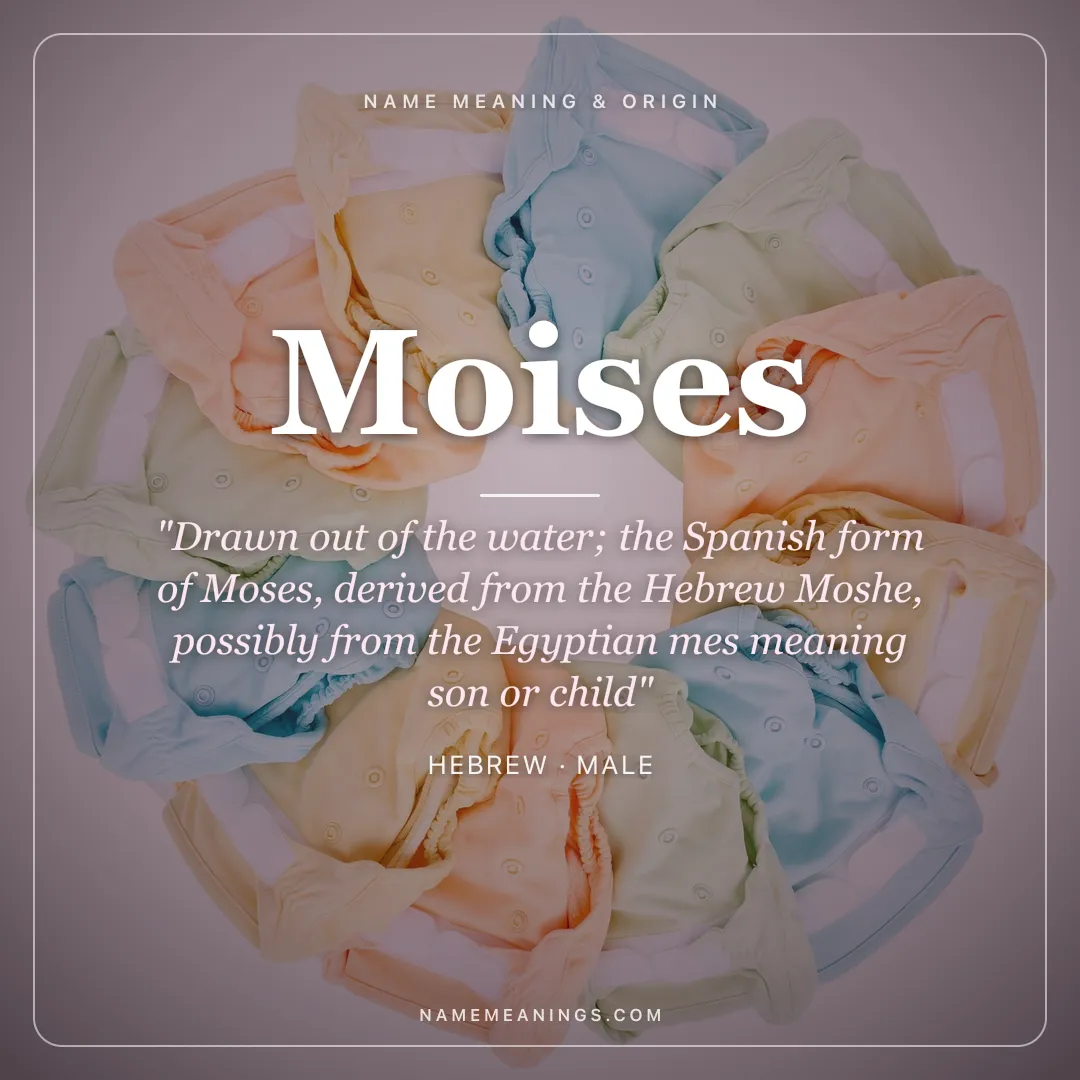 Moises name meaning "Drawn out of the water; the Spanish form of Moses, derived from the Hebrew Moshe, possibly from the Egyptian mes meaning son or child" - Hebrew male name share card | NameMeanings