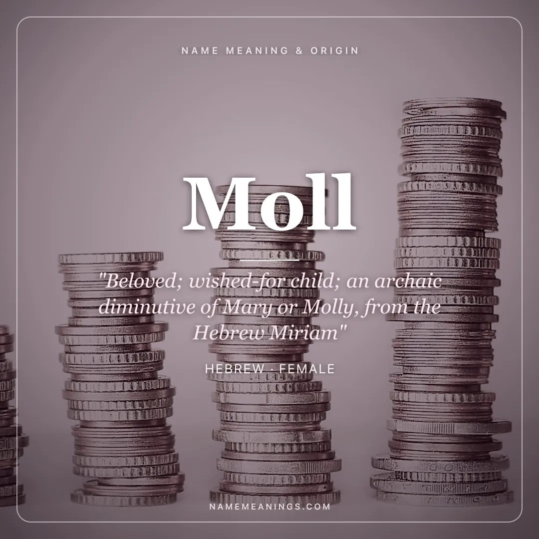 Moll name meaning "Beloved; wished-for child; an archaic diminutive of Mary or Molly, from the Hebrew Miriam" - Hebrew female name share card | NameMeanings