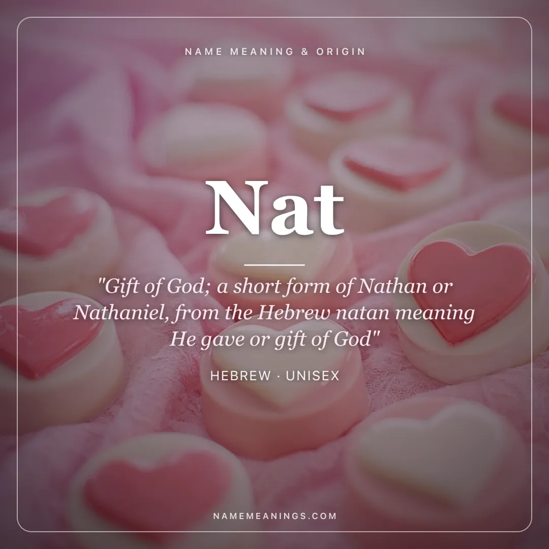 Nat name meaning "Gift of God; a short form of Nathan or Nathaniel, from the Hebrew natan meaning He gave or gift of God" - Hebrew unisex name share card | NameMeanings