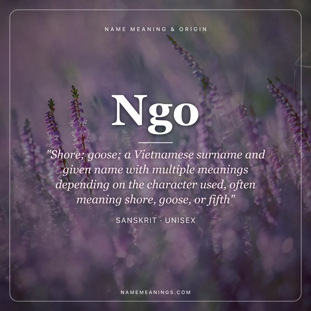 Ngo name meaning "Shore; goose; a Vietnamese surname and given name with multiple meanings depending on the character used, often meaning shore, goose, or fifth" - Sanskrit unisex name share card | NameMeanings