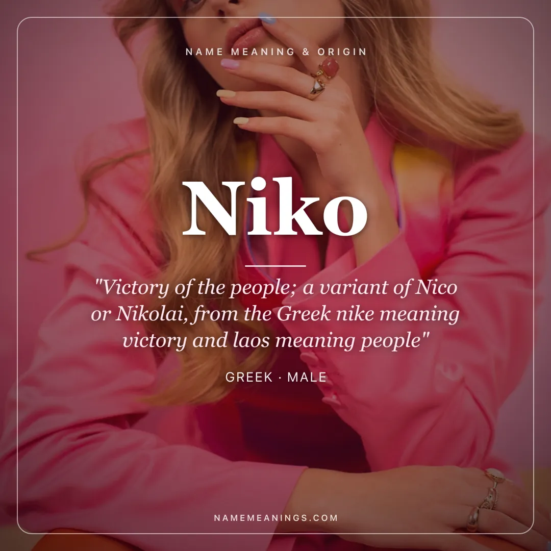Niko name meaning "Victory of the people; a variant of Nico or Nikolai, from the Greek nike meaning victory and laos meaning people" - Greek male name share card | NameMeanings