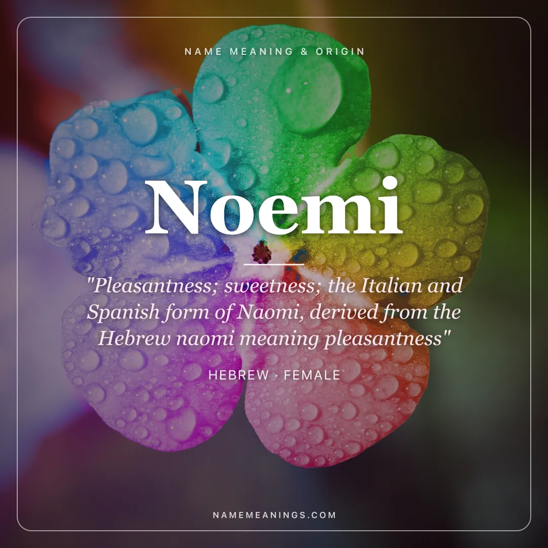 Noemi name meaning "Pleasantness; sweetness; the Italian and Spanish form of Naomi, derived from the Hebrew naomi meaning pleasantness" - Hebrew female name share card | NameMeanings
