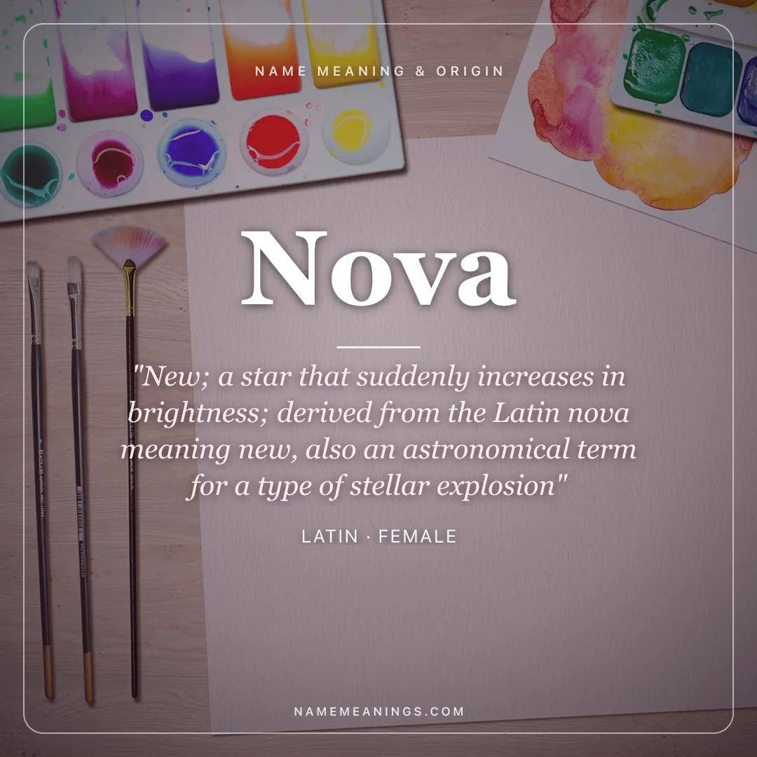 Nova name meaning "New; a star that suddenly increases in brightness; derived from the Latin nova meaning new, also an astronomical term for a type of stellar explosion" - Latin female name share card | NameMeanings
