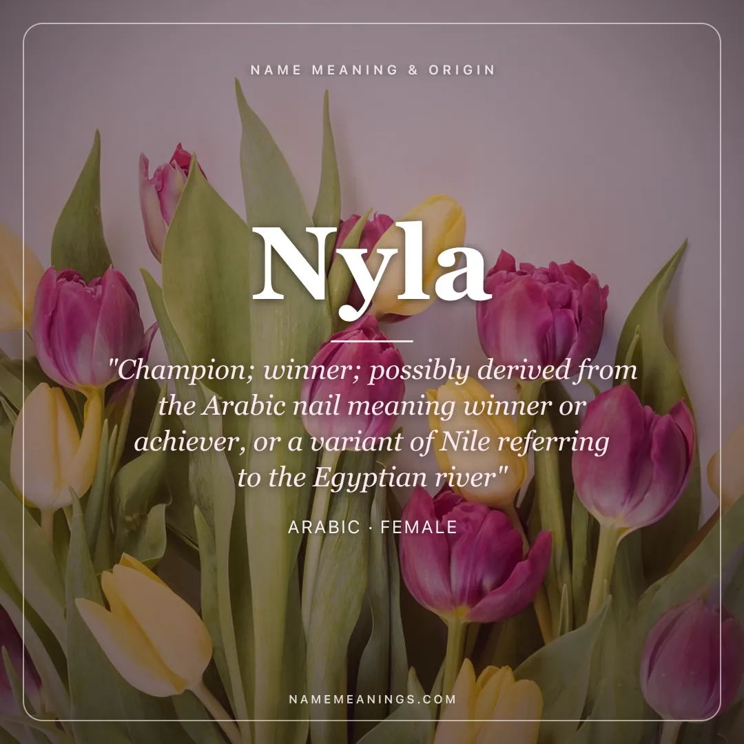 Nyla name meaning "Champion; winner; possibly derived from the Arabic nail meaning winner or achiever, or a variant of Nile referring to the Egyptian river" - Arabic female name share card | NameMeanings