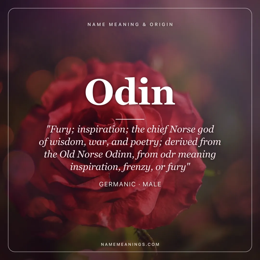 Odin name meaning "Fury; inspiration; the chief Norse god of wisdom, war, and poetry; derived from the Old Norse Odinn, from odr meaning inspiration, frenzy, or fury" - Germanic male name share card | NameMeanings