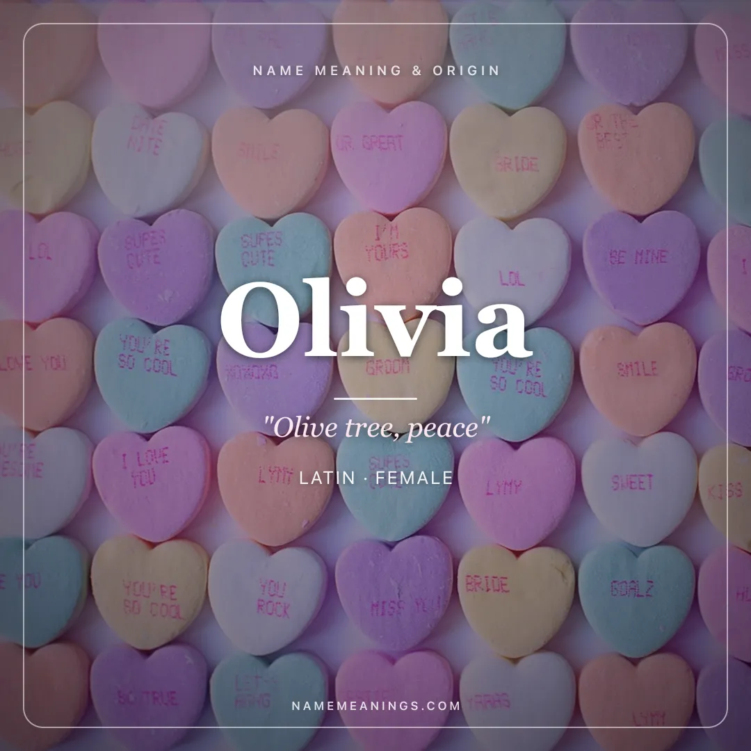 Olivia name meaning "Olive tree, peace" - Latin female name share card | NameMeanings