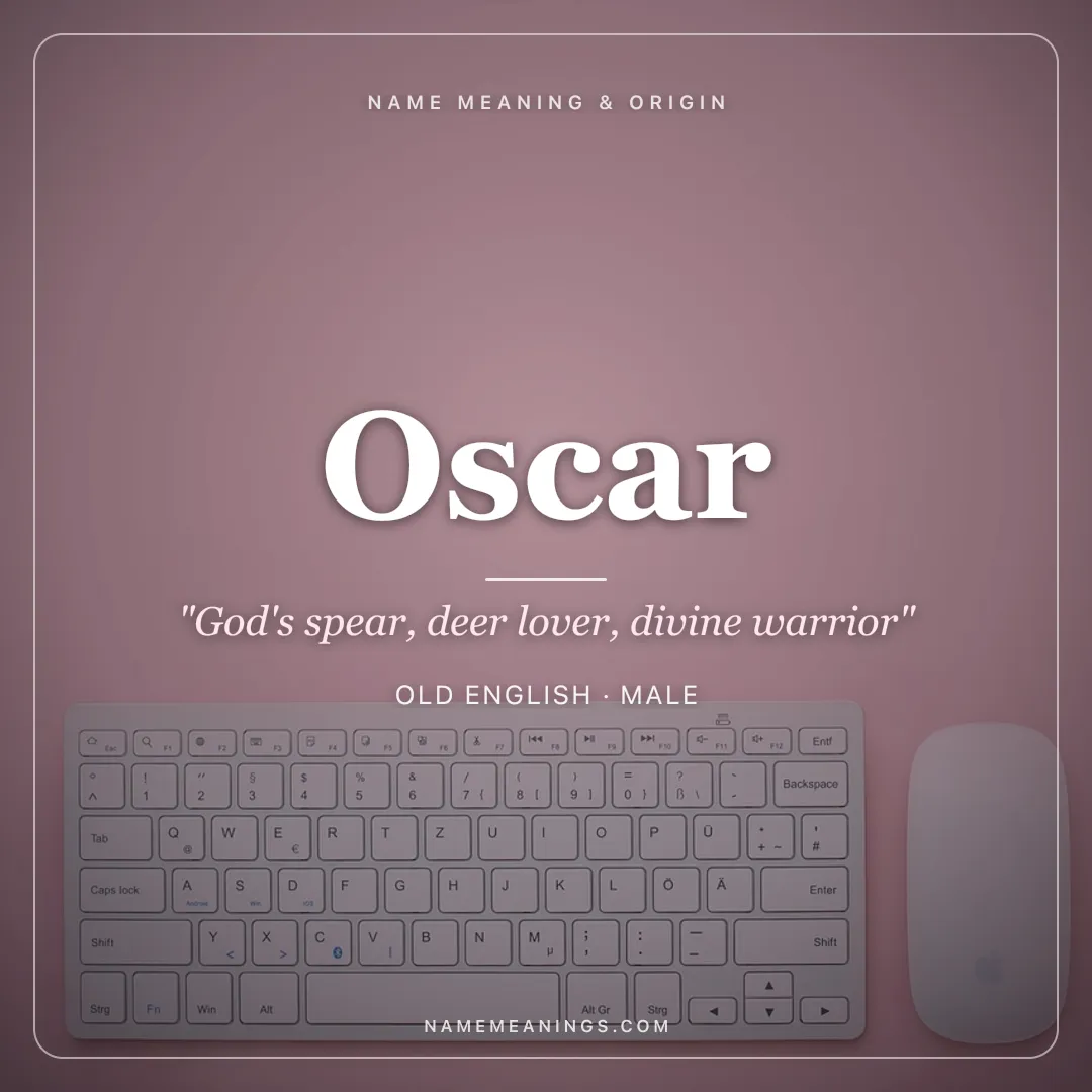 Oscar name meaning "God's spear, deer lover, divine warrior" - Old English, Irish, Old Norse male name share card | NameMeanings