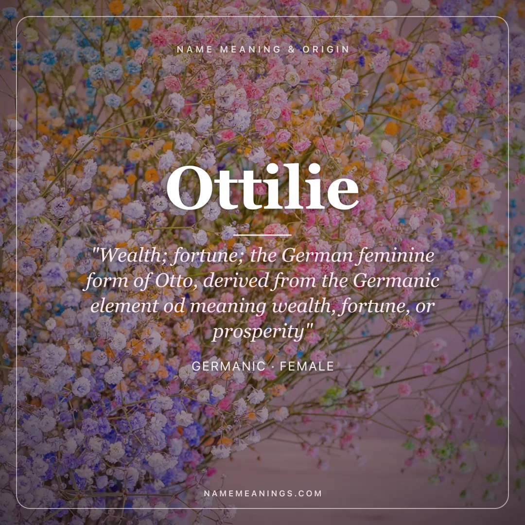 Ottilie name meaning "Wealth; fortune; the German feminine form of Otto, derived from the Germanic element od meaning wealth, fortune, or prosperity" - Germanic female name share card | NameMeanings
