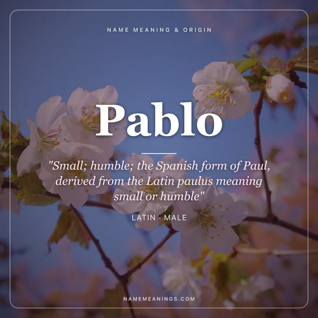 Pablo name meaning "Small; humble; the Spanish form of Paul, derived from the Latin paulus meaning small or humble" - Latin male name share card | NameMeanings