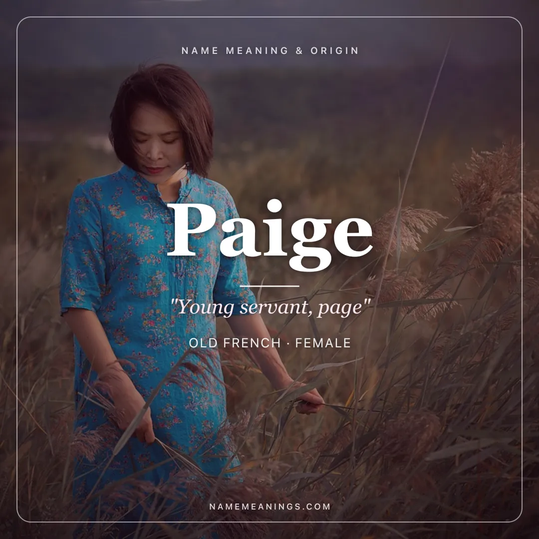 Paige name meaning "Young servant, page" - Old French, English female name share card | NameMeanings