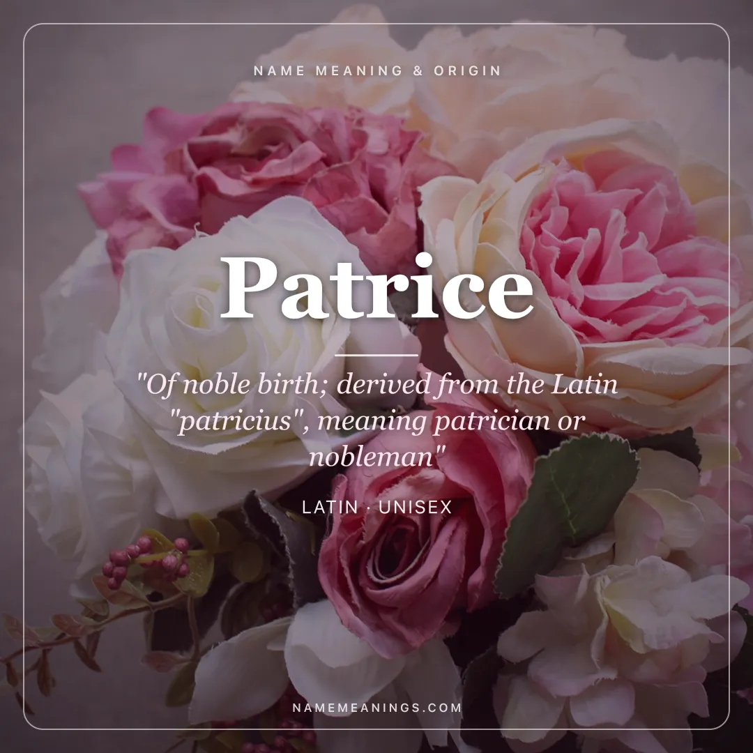 Patrice name meaning "Of noble birth; derived from the Latin "patricius", meaning patrician or nobleman" - Latin unisex name share card | NameMeanings