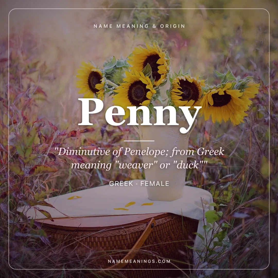 Penny name meaning "Diminutive of Penelope; from Greek meaning "weaver" or "duck"" - Greek female name share card | NameMeanings