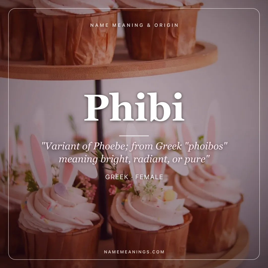 Phibi name meaning "Variant of Phoebe; from Greek "phoibos" meaning bright, radiant, or pure" - Greek female name share card | NameMeanings