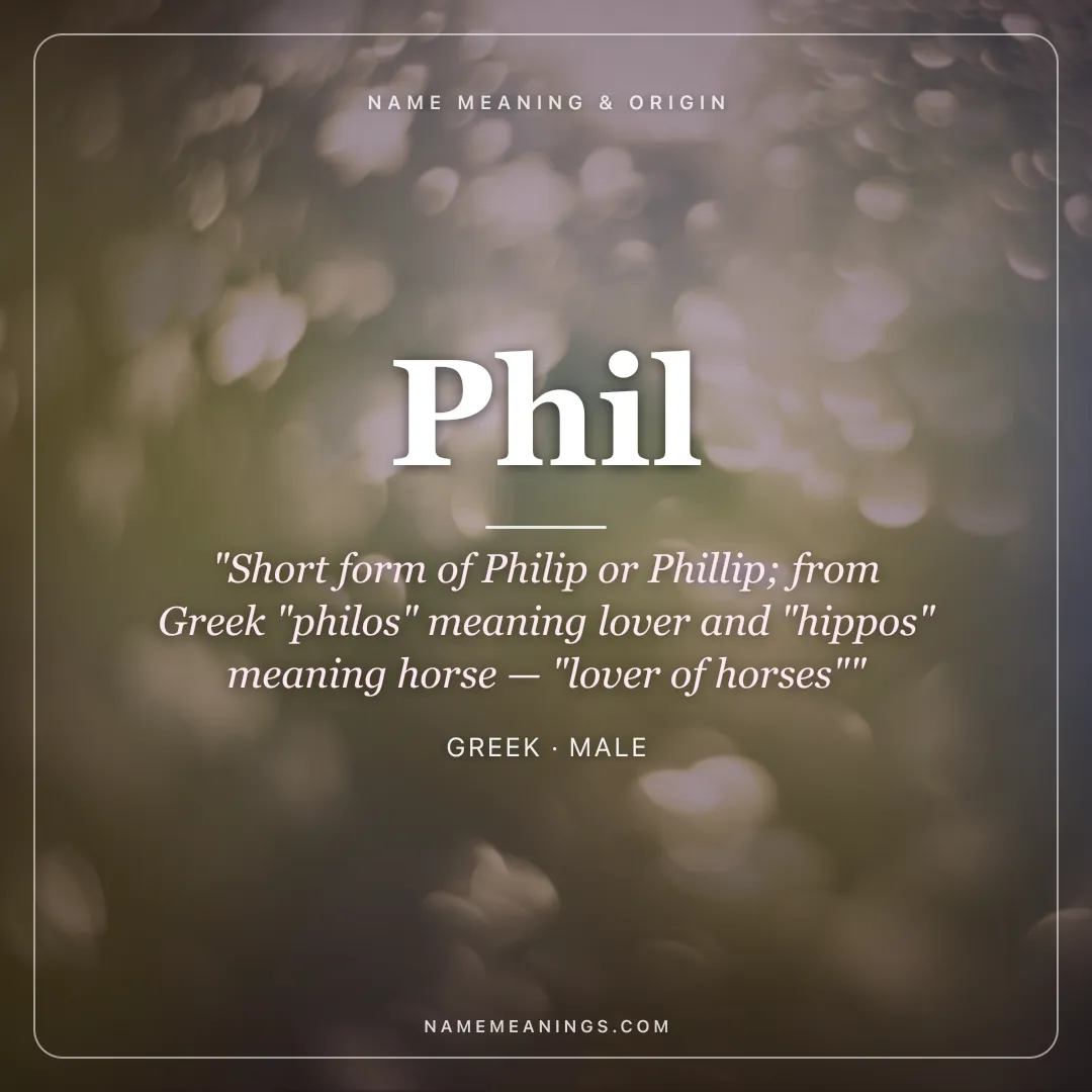 Phil name meaning "Short form of Philip or Phillip; from Greek "philos" meaning lover and "hippos" meaning horse — "lover of horses"" - Greek male name share card | NameMeanings