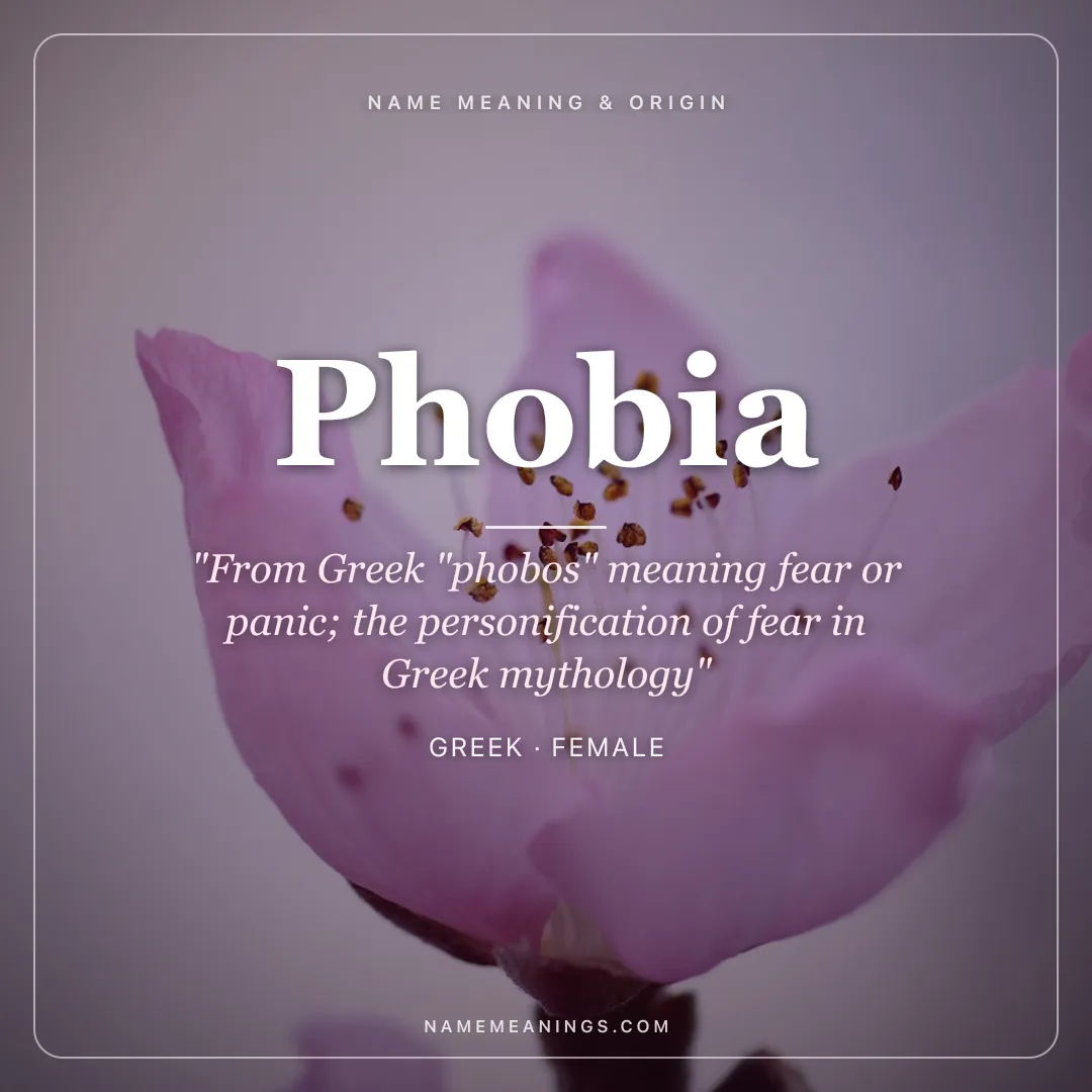 Phobia name meaning "From Greek "phobos" meaning fear or panic; the personification of fear in Greek mythology" - Greek female name share card | NameMeanings