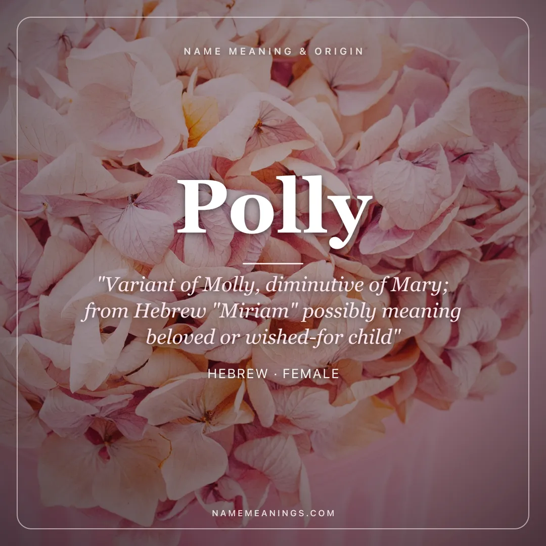 Polly name meaning "Variant of Molly, diminutive of Mary; from Hebrew "Miriam" possibly meaning beloved or wished-for child" - Hebrew female name share card | NameMeanings