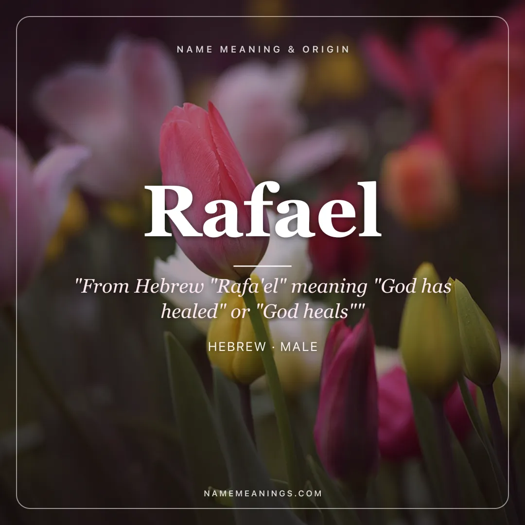 Rafael name meaning "From Hebrew "Rafa'el" meaning "God has healed" or "God heals"" - Hebrew male name share card | NameMeanings