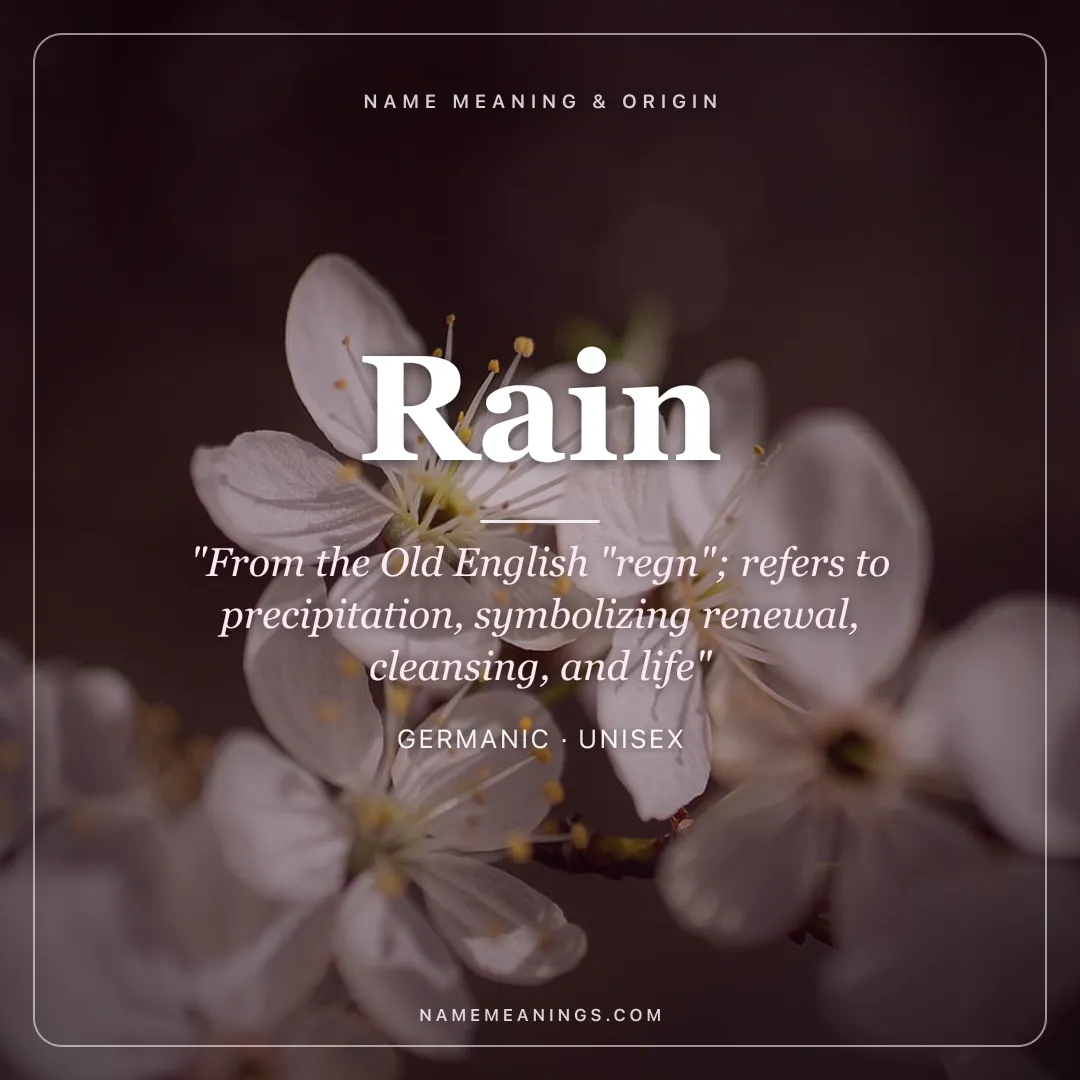 Rain name meaning "From the Old English "regn"; refers to precipitation, symbolizing renewal, cleansing, and life" - Germanic unisex name share card | NameMeanings