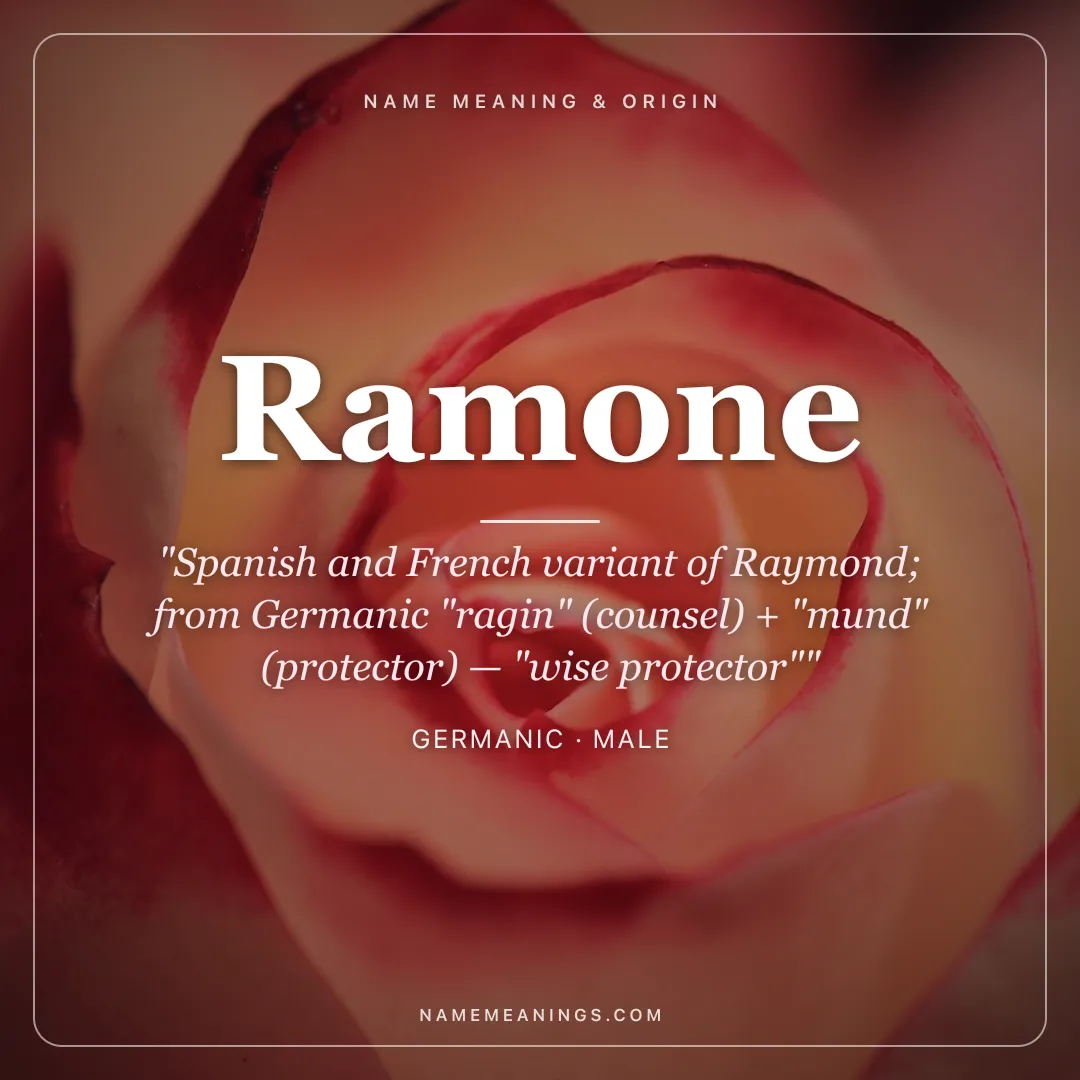 Ramone name meaning "Spanish and French variant of Raymond; from Germanic "ragin" (counsel) + "mund" (protector) — "wise protector"" - Germanic male name share card | NameMeanings