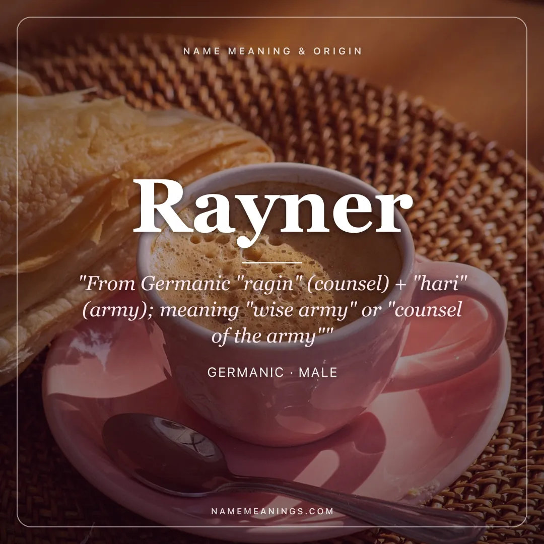 Rayner name meaning "From Germanic "ragin" (counsel) + "hari" (army); meaning "wise army" or "counsel of the army"" - Germanic male name share card | NameMeanings