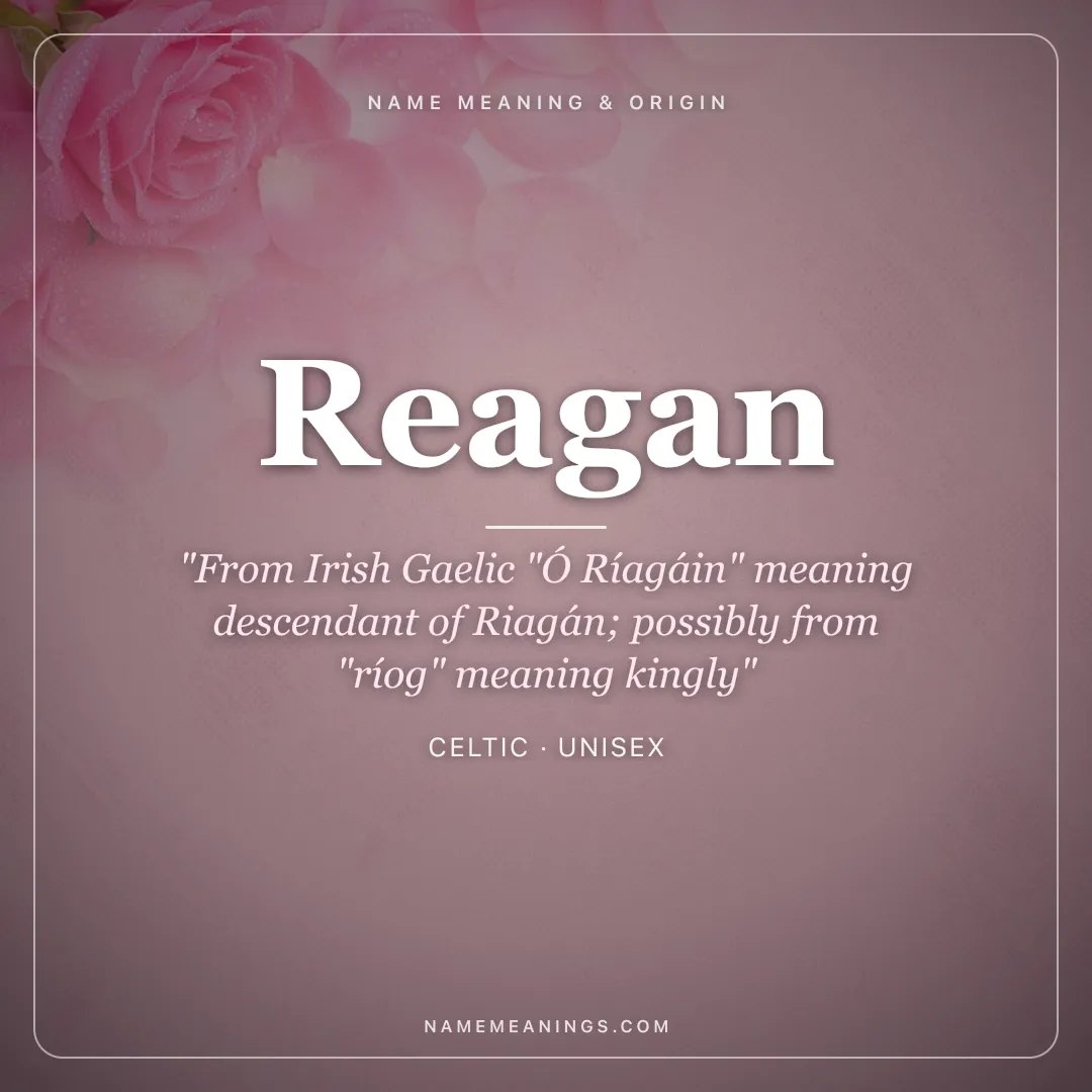 Reagan name meaning "From Irish Gaelic "Ó Ríagáin" meaning descendant of Riagán; possibly from "ríog" meaning kingly" - Celtic unisex name share card | NameMeanings