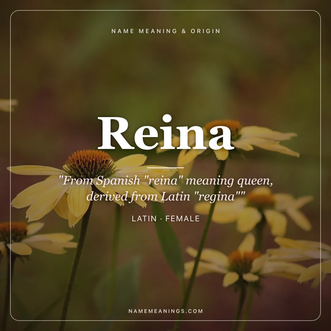 Reina name meaning "From Spanish "reina" meaning queen, derived from Latin "regina"" - Latin female name share card | NameMeanings