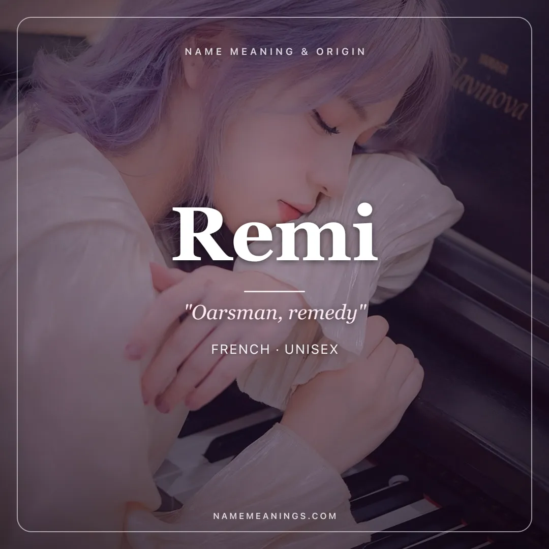 Remi name meaning "Oarsman, remedy" - French, Latin unisex name share card | NameMeanings