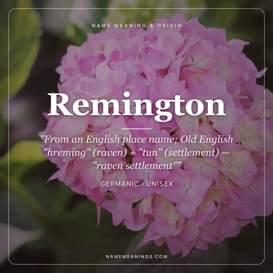 Remington name meaning "From an English place name; Old English "hreming" (raven) + "tun" (settlement) — "raven settlement"" - Germanic unisex name share card | NameMeanings