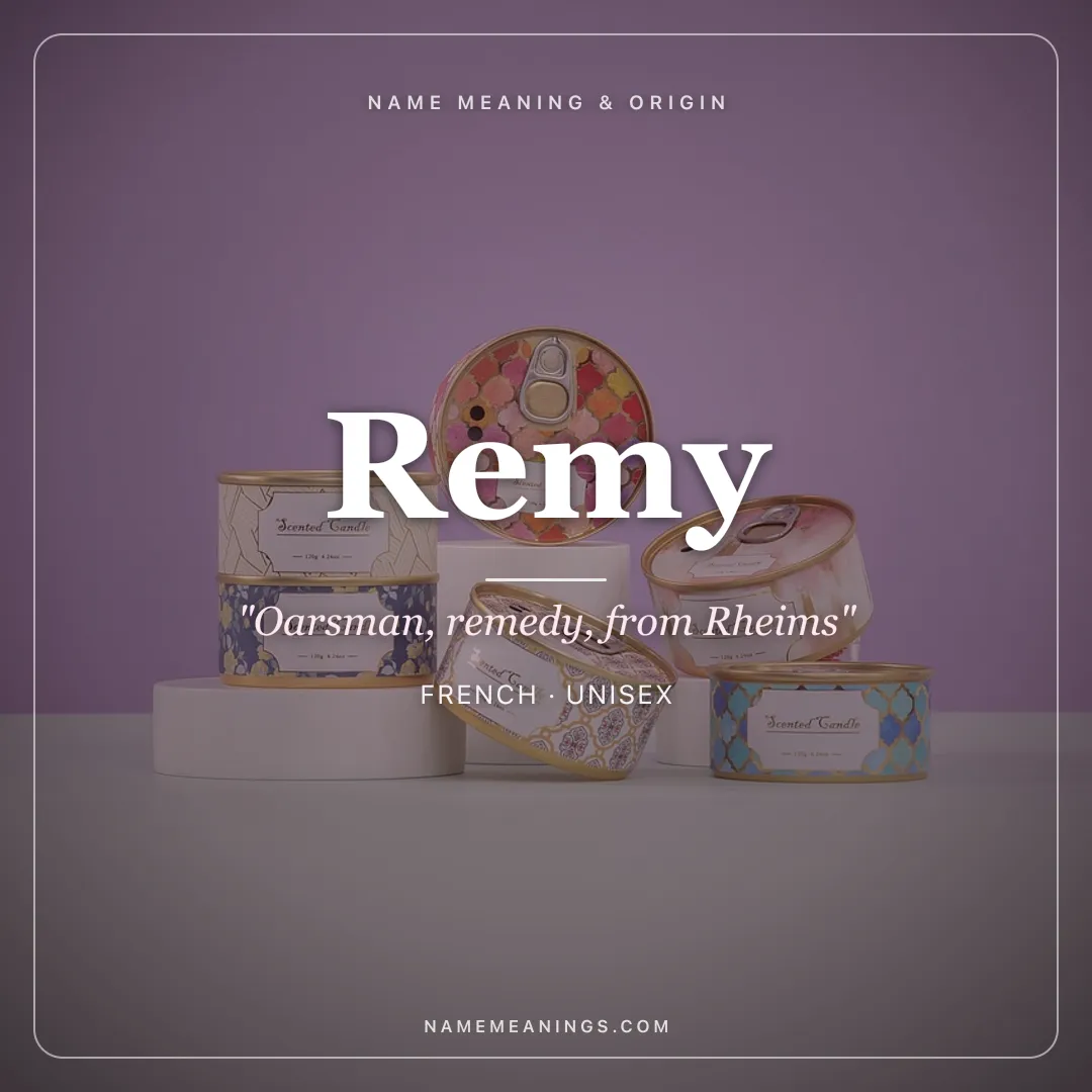 Remy name meaning "Oarsman, remedy, from Rheims" - French, Latin unisex name share card | NameMeanings