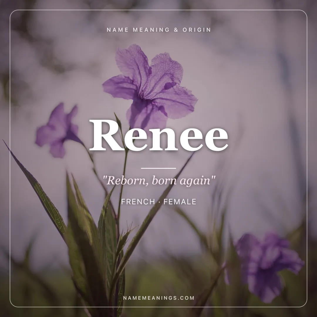 Renee name meaning "Reborn, born again" - French, Latin female name share card | NameMeanings