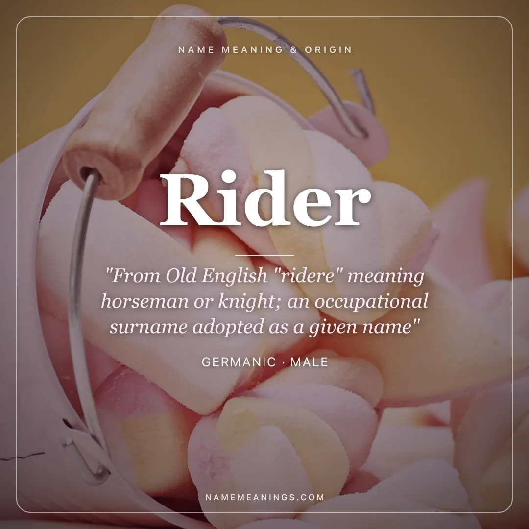 Rider name meaning "From Old English "ridere" meaning horseman or knight; an occupational surname adopted as a given name" - Germanic male name share card | NameMeanings