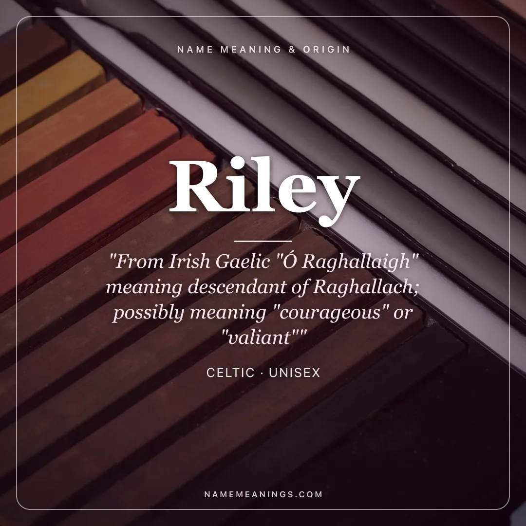 Riley name meaning "From Irish Gaelic "Ó Raghallaigh" meaning descendant of Raghallach; possibly meaning "courageous" or "valiant"" - Celtic unisex name share card | NameMeanings